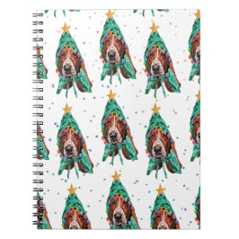 Caderno Espiral Padrão de Estrelas de Natal do Cão da Raça Basset