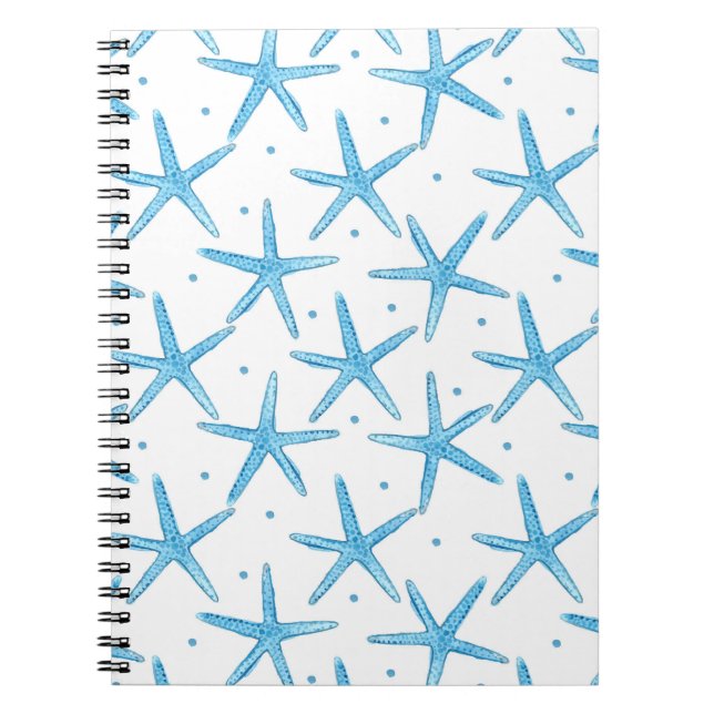 Caderno Espiral Padrão de estrelas do mar azul de aquarela (Frente)