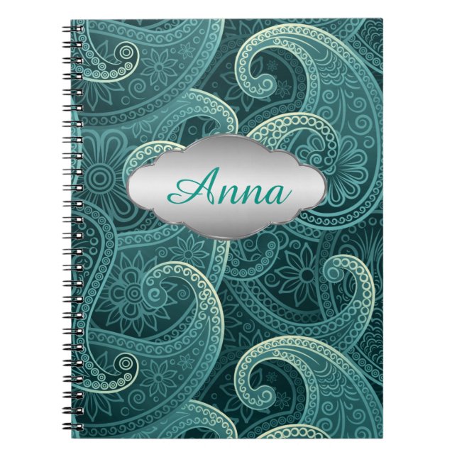Caderno Espiral Padrão de Eterno Teal Paisley Personalizado (Frente)