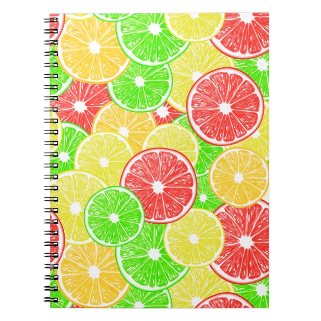 Caderno Espiral Padrão de fatias de limão, laranja, toranja e limã (Frente)