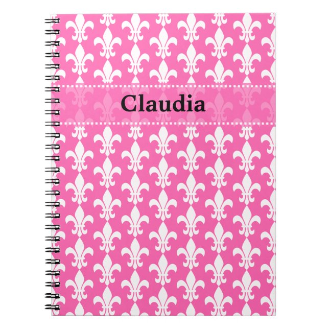 Caderno Espiral Padrão de Fleur de Lis, branco e rosa quente (Frente)