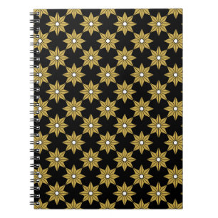 Caderno Espiral Padrão de flor de estrela de safena. Dourado e bla