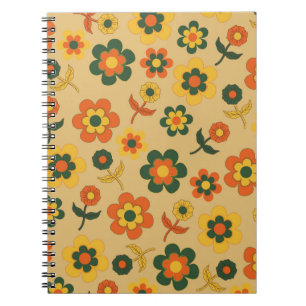 Caderno Espiral Padrão de Flor do Laranja de Imagem Retroativa 70s