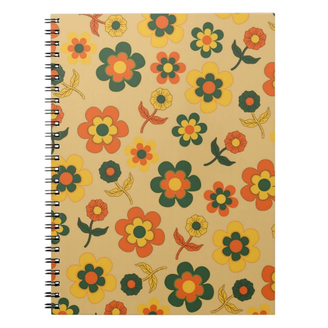 Caderno Espiral Padrão de Flor do Laranja de Imagem Retroativa 70s (Frente)