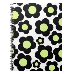 Caderno Espiral Padrão de Flor Hippie Preto Neon Verde Preppy
