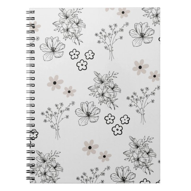 Caderno Espiral Padrão de Flor Hippie Y2K Preto Retro cinza (Frente)