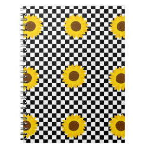 Caderno Espiral Padrão de Flor Marcado de Girassol Preto e Branco
