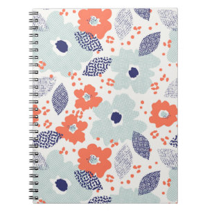 Caderno Espiral Padrão de Flor Moderno Laranja e Azul
