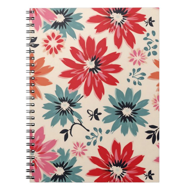 Caderno Espiral Padrão de Flor Retroativo Vermelho Laranja Azul (Frente)