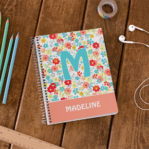 Caderno Espiral Padrão de Flor Rosa Coral Azul Aqua Personalizado