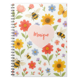 Caderno Espiral Padrão de Flor Rosa Laranja Personalizável e Abelh