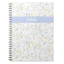 Caderno Espiral Padrão de Flor Silvestre Amarela Azul com Nome Per