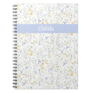 Caderno Espiral Padrão de Flor Silvestre Amarela Azul com Nome Per