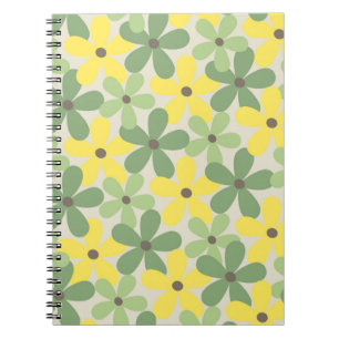Caderno Espiral Padrão de Flor Verde Amarelo Retroativo Y2K 70s