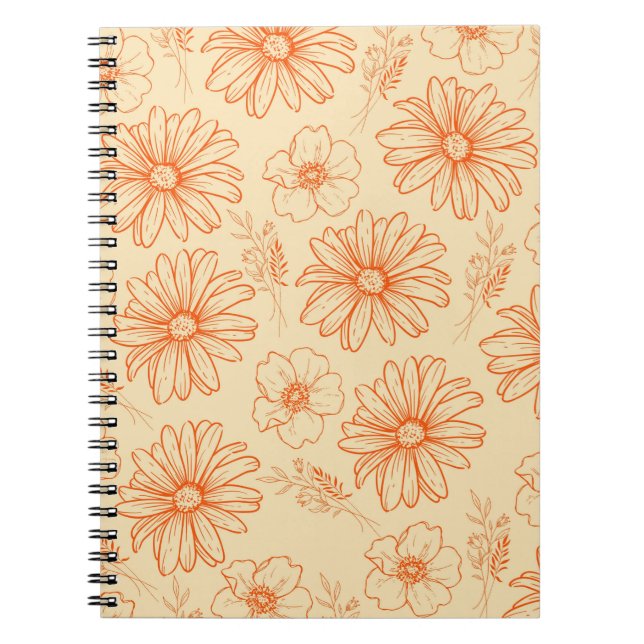 Caderno Espiral Padrão de Flor Y2K da Imagem Retroativa Laranja (Frente)
