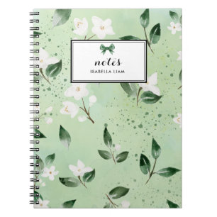 Caderno Espiral Padrão de Flores Brancas de Molerza Verde Elegante