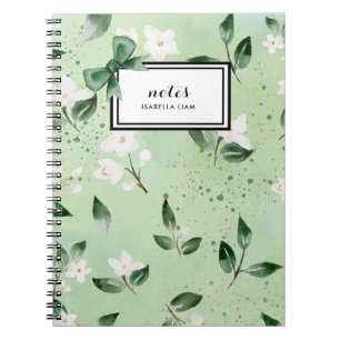 Caderno Espiral Padrão de Flores Brancas de Molerza Verde Elegante