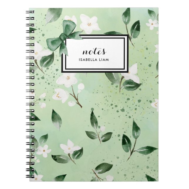 Caderno Espiral Padrão de Flores Brancas de Molerza Verde Elegante (Frente)