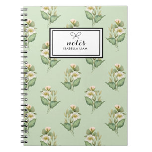 Caderno Espiral Padrão de Flores Brancas de Molerza Verde Elegante