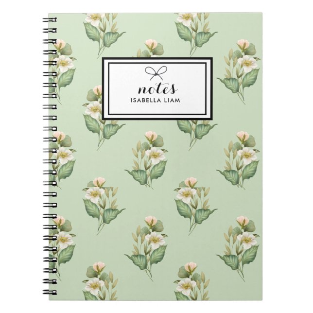 Caderno Espiral Padrão de Flores Brancas de Molerza Verde Elegante (Frente)