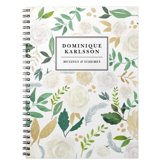 Caderno Espiral Padrão de Flores de Aquarela com Brilhante Dourada (Frente)
