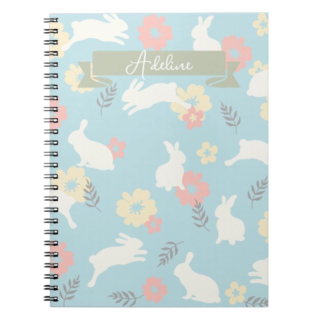 Caderno Espiral Padrão de Flores de Coelhos Frescos (Frente)