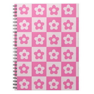Caderno Espiral Padrão de Flores Retro Brancas e Rosa Quente Verif
