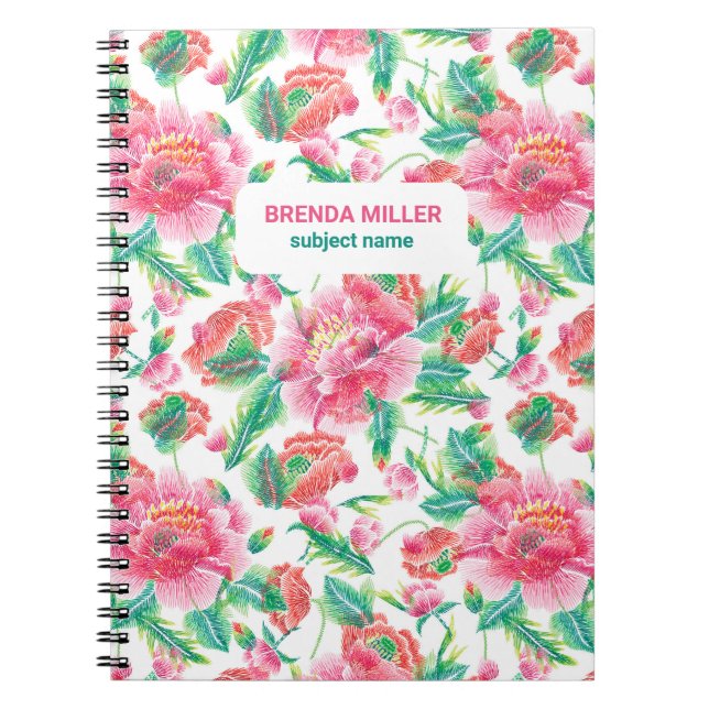 Caderno Espiral Padrão de Flores Rosa Brilhante Elegante (Frente)