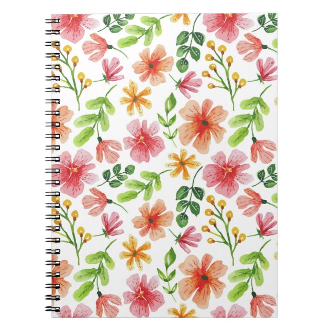 Caderno Espiral Padrão de Flores Rosa em Aquarela (Frente)