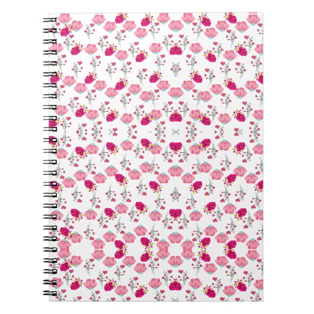 Caderno Espiral Padrão de Flores Rosas (Frente)