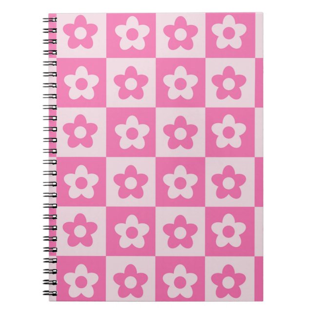Caderno Espiral Padrão de Flores Xadrez Rosa e Branco Retrô (Frente)