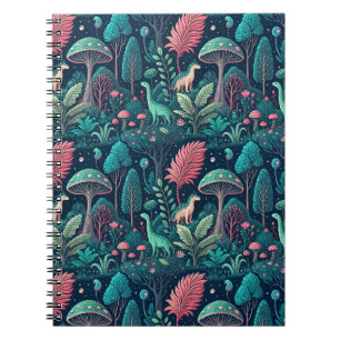 Caderno Espiral Padrão de Floresta de Cogumelo Neon de Dinossauro