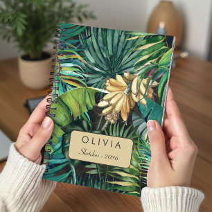 Caderno Espiral Padrão de Folha de Banana Floral Tropical Verde El