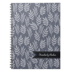 Caderno Espiral Padrão de Folha de Cinza Moderna do Nome Elegante