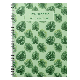 Caderno Espiral Padrão de Folha de Monstera em Aquarela Personaliz