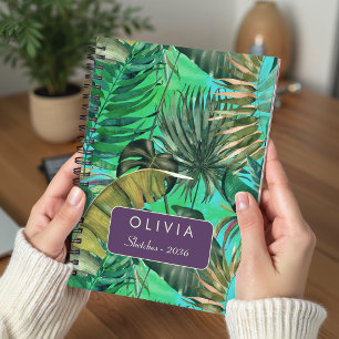 Caderno Espiral Padrão de Folha Tropical Azul Amarelo Verde Elegan