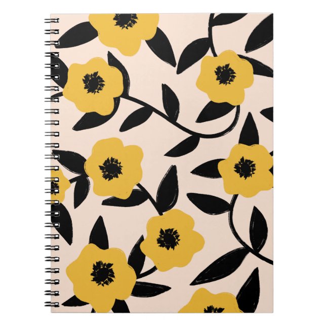 Caderno Espiral Padrão de Folhas Amarelas Modernas Folhas Negras (Frente)