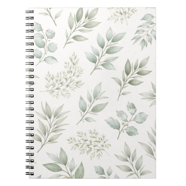 Caderno Espiral Padrão de Folhas Botânicas Verde Suave  (Frente)