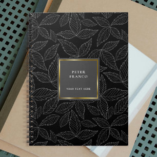 Caderno Espiral Padrão de Folhas de Contorno Monograma de quadro