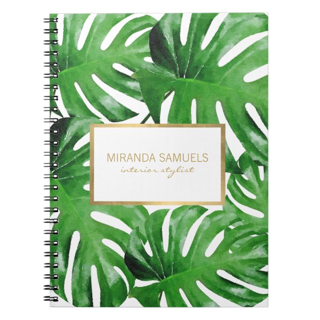 Caderno Espiral Padrão de Folhas Tropicais de Monstera de Aquarela (Frente)
