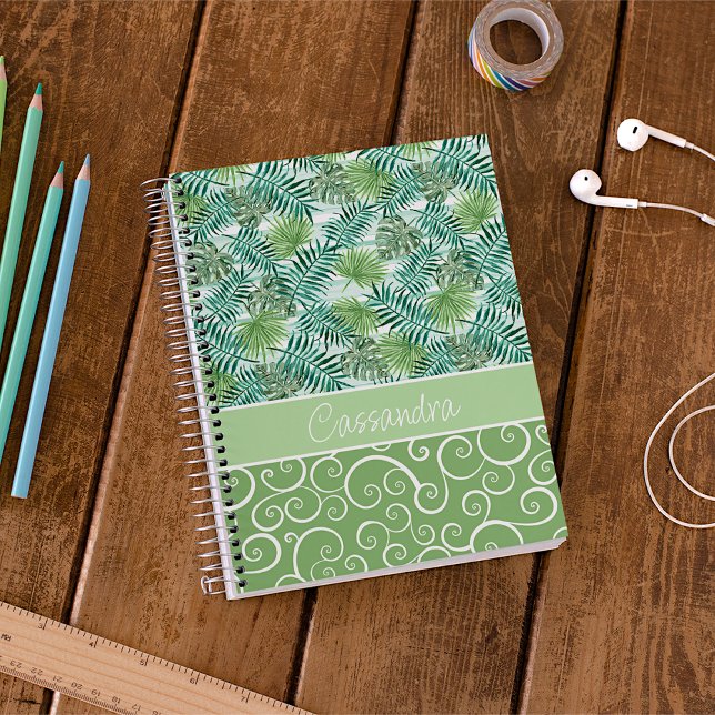 Caderno Espiral Padrão de Folhas Tropicais de Palma Verde de Retor (Criador carregado)