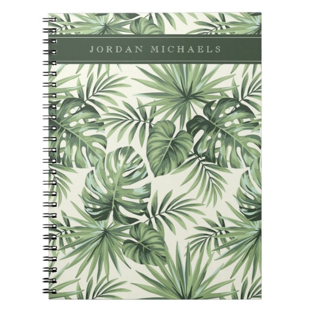 Caderno Espiral Padrão de Folhas Tropicais Verdes (Frente)