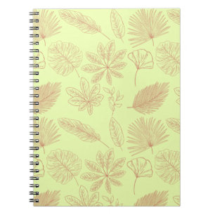 Caderno Espiral Padrão de Folhas Verde Pastel e Bege