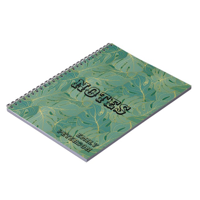Caderno Espiral Padrão de folhas verdes e douradas (Left Side)