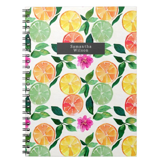Caderno Espiral Padrão de Fruta de Citrus de Aquarela (Frente)