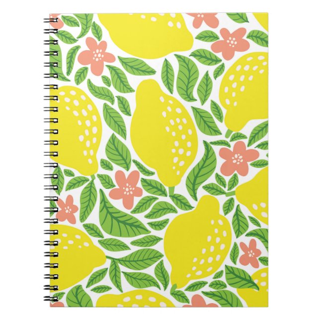 Caderno Espiral Padrão de fruta de limão. Prato de citrinos de Ver (Frente)