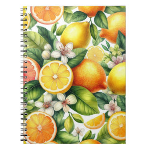 Caderno Espiral Padrão de Frutas Cítricas em Aquarela