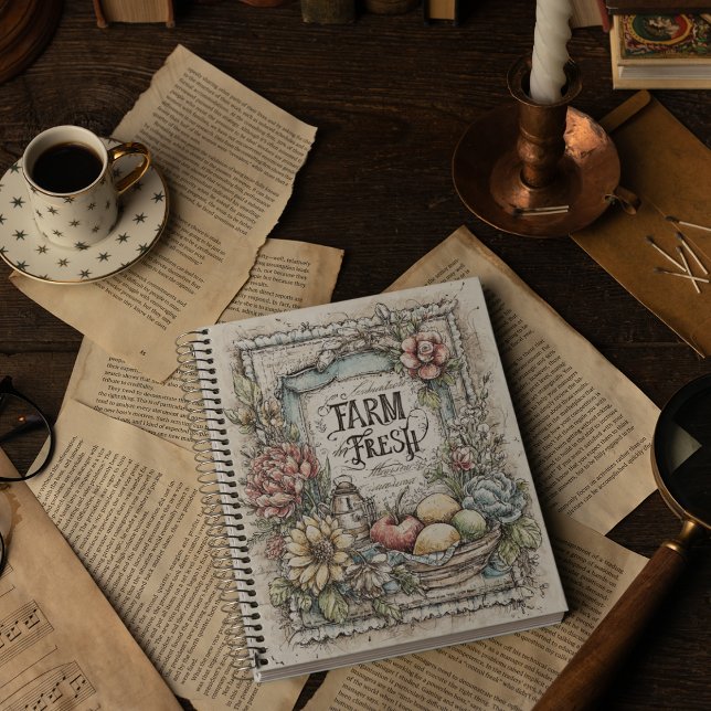 Caderno Espiral Padrão de frutas e legumes frescos da fazenda vint (Criador carregado)