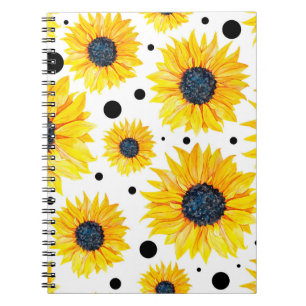 Caderno Espiral Padrão de fundo branco dos girassóis amarelos