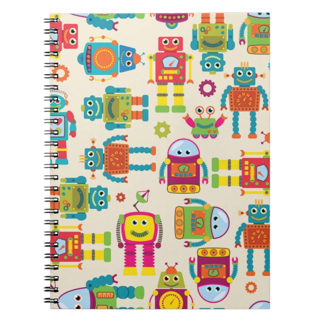 Caderno Espiral Padrão de Fundo Seamless Tileable com Robô Fofo (Frente)